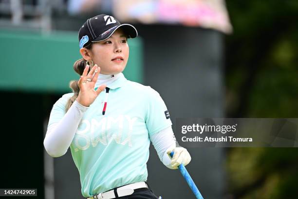 Yuri Yoshida of Japan reacts after her tee shot on the 1st hole during the final round of Sumitomo Life Vitality Ladies Tokai Classic at Shin Minami...