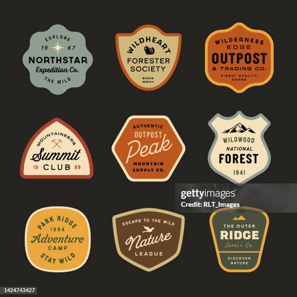 stockillustraties, clipart, cartoons en iconen met mid-century retro adventure badge designs - beschermd natuurgebied