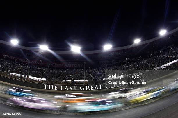 General view of racing during the NASCAR Cup Series Bass Pro Shops Night Race at Bristol Motor Speedway on September 17, 2022 in Bristol, Tennessee.