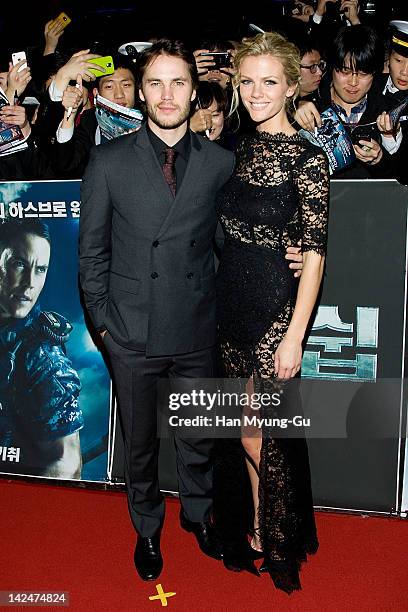 Actors Taylor Kitsch and Brooklyn Decker attend the 'Battleship' South Korea Premiere at Coex Mega Box on April 5, 2012 in Seoul, South Korea. The...