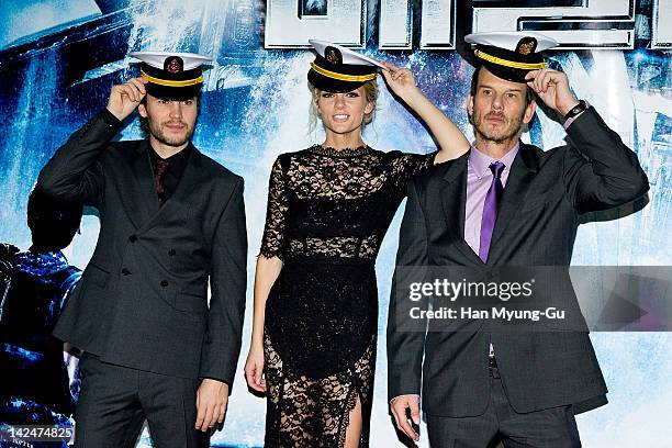 Actors Taylor Kitsch and Brooklyn Decker and director Peter Burg attend the 'Battleship' South Korea Premiere at Coex Mega Box on April 5, 2012 in...