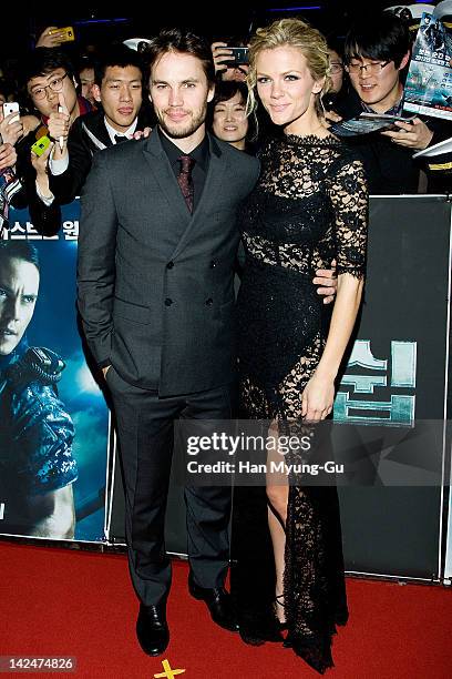Actors Taylor Kitsch and Brooklyn Decker attend the 'Battleship' South Korea Premiere at Coex Mega Box on April 5, 2012 in Seoul, South Korea. The...