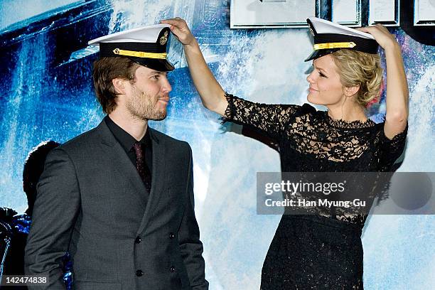 Actors Taylor Kitsch and Brooklyn Decker attend the 'Battleship' South Korea Premiere at Coex Mega Box on April 5, 2012 in Seoul, South Korea. The...