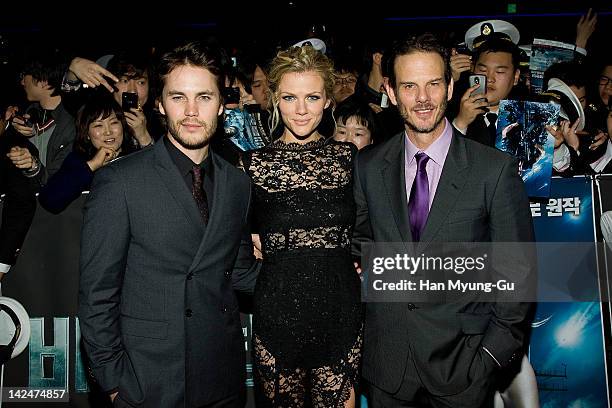 Actors Taylor Kitsch and Brooklyn Decker and director Peter Burg attend the 'Battleship' South Korea Premiere at Coex Mega Box on April 5, 2012 in...