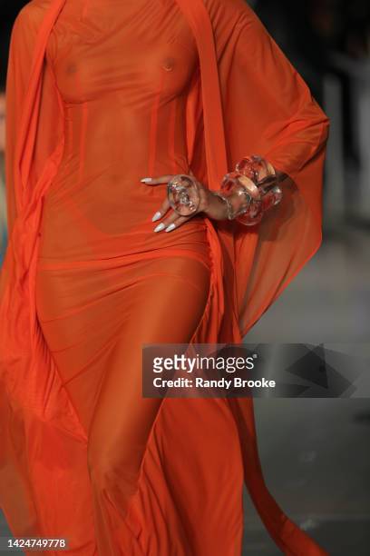 Bracelet detail on the runway during the Laquan Smith Spring summer 2023 fashion show at Intrepid Sea-Air-Space Museum on September 12, 2022 in New...