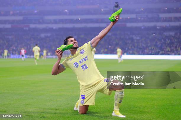 Henry Martin of America celebrates after scoring his team's first goal during the 15th round match between America and Chivas as part of the Torneo...