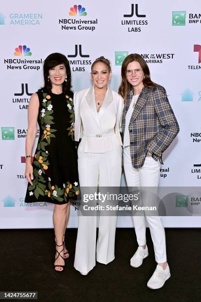 Andrea Jung, President & CEO Grameen America, Jennifer Lopez, and Desiree Gruber attend as Jennifer Lopez joins Grameen America's “Raising Latina...