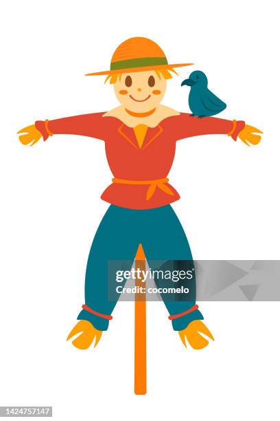 lächelnde vogelscheuche mit krähe. - scarecrow stock-grafiken, -clipart, -cartoons und -symbole