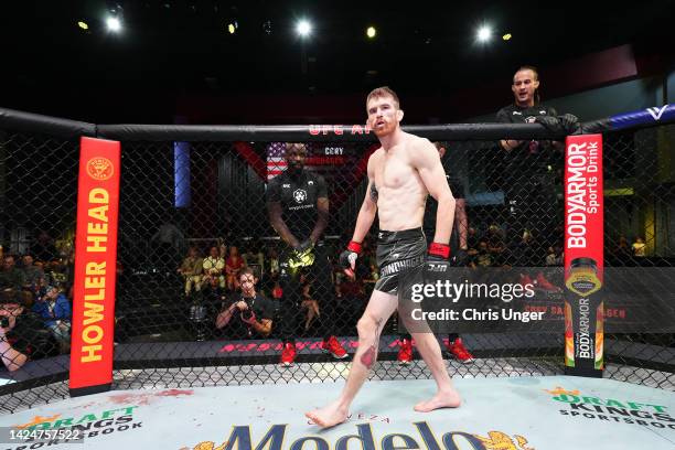 Cory Sandhagen waits in his corner prior to facing Song Yadong of China in a bantamweight fight during the UFC Fight Night event at UFC APEX on...