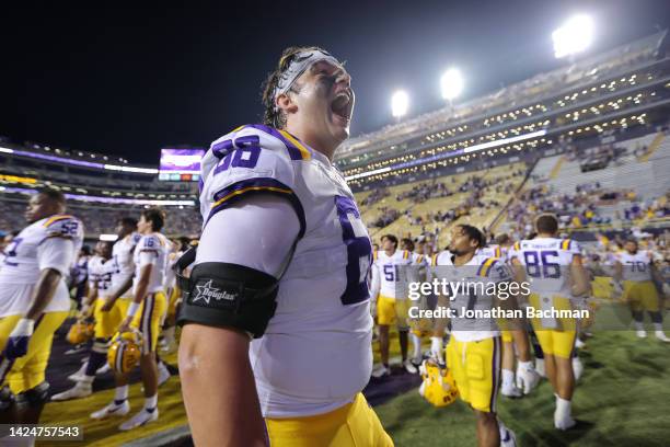 Will Campbell of the LSU Tigers celebrates after a game at against the Mississippi State Bulldogs Tiger Stadium on September 17, 2022 in Baton Rouge,...