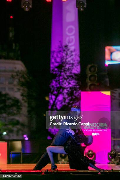 Couples perform on Tango Stage during the final day of the Buenos Aires Tango Dance World Championship 2022 at the Obelisk on September 17, 2022 in...