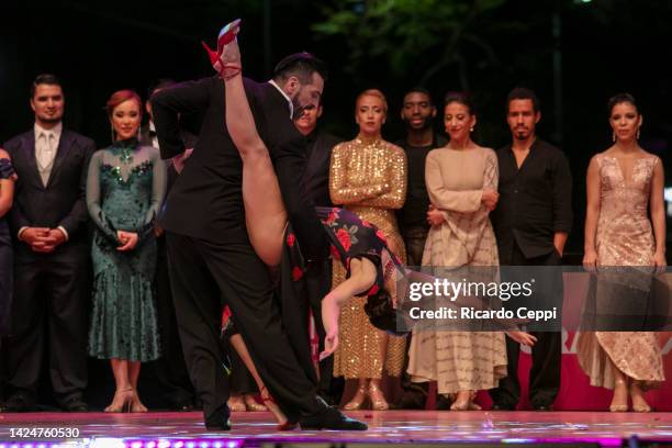 Couple Ricardo Astrada and Constanza Vieyto, from Pergamino, Buenos Aires dance in a performance after winning first place on the Tango Stage during...