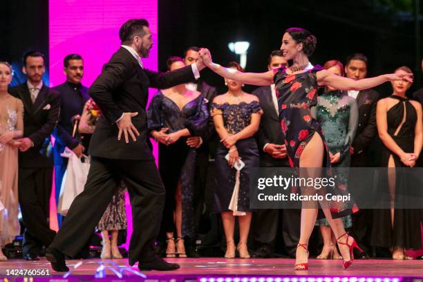 Couple Ricardo Astrada and Constanza Vieyto, from Pergamino, Buenos Aires dance in a performance after winning first place on the Tango Stage during...