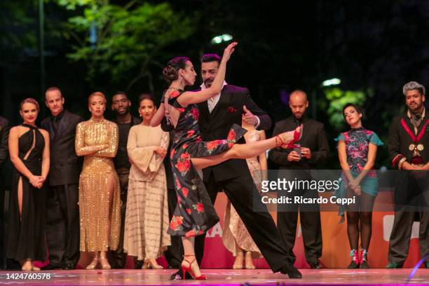 Couple Ricardo Astrada and Constanza Vieyto, from Pergamino, Buenos Aires dance in a performance after winning first place on the Tango Stage during...