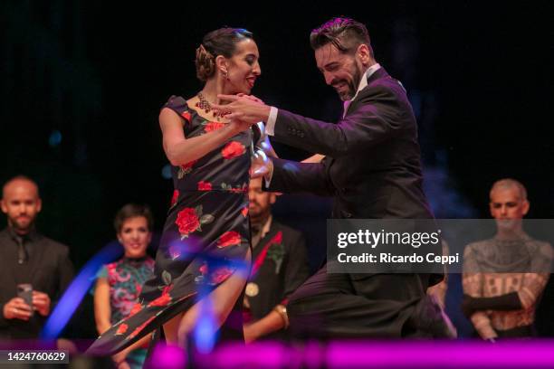 Couple Ricardo Astrada and Constanza Vieyto, from Pergamino, Buenos Aires dance in a performance after winning first place on the Tango Stage during...