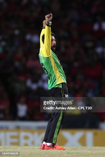 Mohammad Amir of Jamaica Tallawahs celebrates the wicket of Sunil Narine of Trinbago Knight Riders during the Men's 2022 Hero Caribbean Premier...
