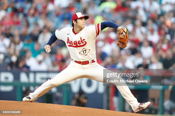 Shohei Ohtani of the Los Angeles Angels pitches against the Seattle Mariners during the first inning at Angel Stadium of Anaheim on September 17,...