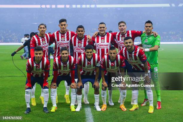 Players of Chivas pose prior the 15th round match between America and Chivas as part of the Torneo Apertura 2022 Liga MX at Azteca Stadium on...
