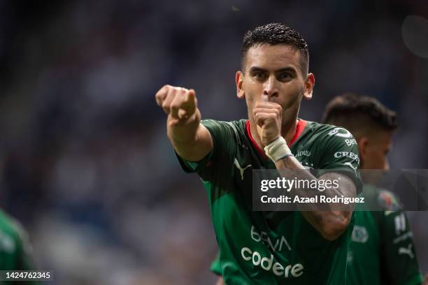 Sebastián Vegas of Monterrey celebrates after scoring his team's first goal during the 15th round match between Monterrey and Atlas as part of the...