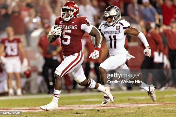 Raheim Sanders of the Arkansas Razorbacks runs the ball in for a touchdown in the second half of game against the Missouri State Bears at Donald W....