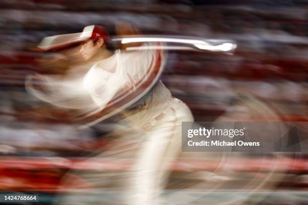 Shohei Ohtani of the Los Angeles Angels pitches against the Seattle Mariners during the fourth inning at Angel Stadium of Anaheim on September 17,...