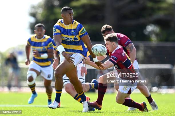 Nigel Ah Wong of Bay of Plenty passes the ball during the round seven Bunnings NPC match between Bay of Plenty and Southland at Tauranga Domain, on...
