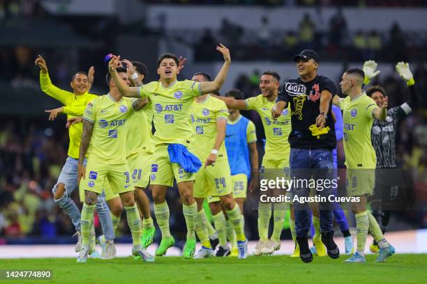 Richard Sanchez of America celebrates after the 15th round match between America and Chivas as part of the Torneo Apertura 2022 Liga MX at Azteca...