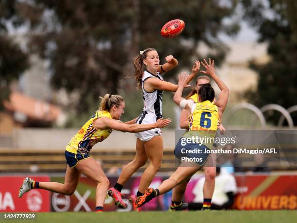 Tarni Brown of the Pies in action during the round four AFLW match between the Collingwood Magpies and the Adelaide Crows at Victoria Park on...