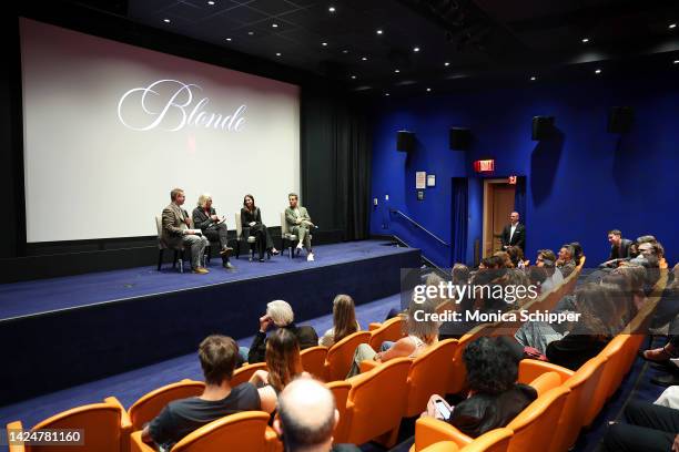 Daniel D'Addario, Andrew Dominik, Ana de Armas, and Bobby Cannavale participate in a panel discussion during Netflix's Blonde NYC Tastemaker...