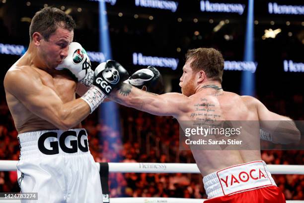 Canelo Alvarez lands a punch against Gennadiy Golovkin in the fight for the Super Middleweight Title at T-Mobile Arena on September 17, 2022 in Las...