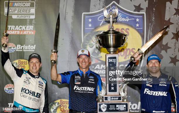 Racing co-owner Brad Keselowski, driver of the Kohler Generators Ford, crew chief Scott Graves and Chris Buescher, driver of the Fastenal Ford,...