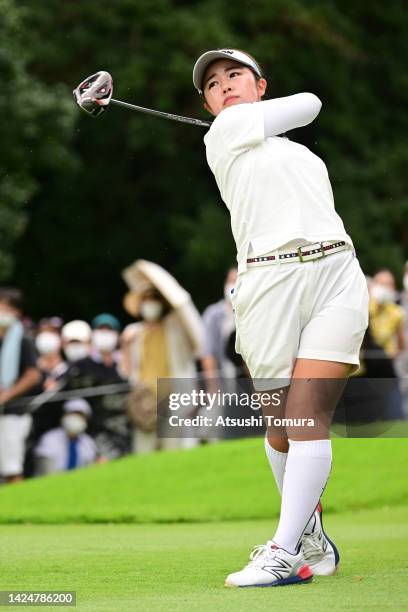 Miyuu Yamashita of Japan hits her tee shot on the 7th hole during the final round of Sumitomo Life Vitality Ladies Tokai Classic at Shin Minami Aichi...