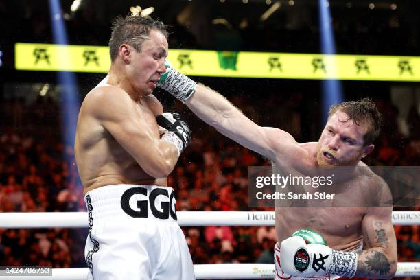 Canelo Alvarez lands a punch against Gennadiy Golovkin in the fight for the Super Middleweight Title at T-Mobile Arena on September 17, 2022 in Las...