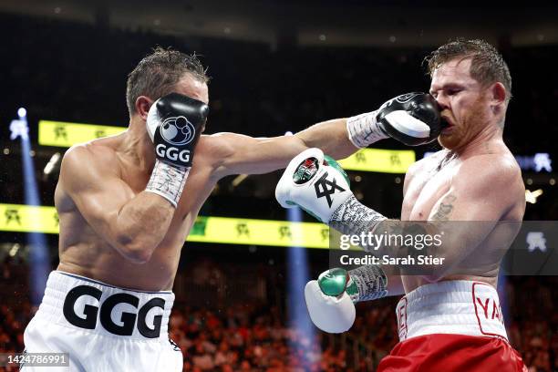 Gennadiy Golovkin lands a punch against Canelo Alvarez in the fight for the Super Middleweight Title at T-Mobile Arena on September 17, 2022 in Las...