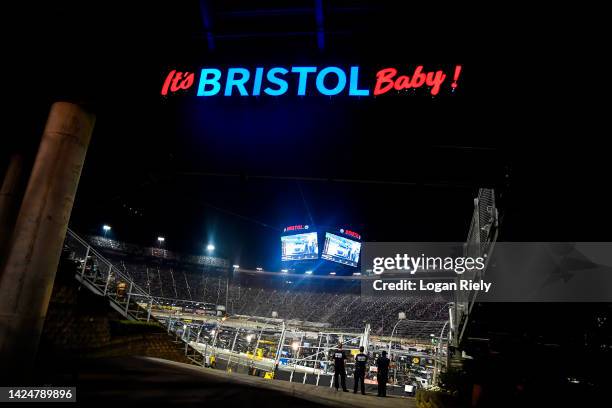 Detail view of a "It's Bristol Baby!" sign during the NASCAR Cup Series Bass Pro Shops Night Race at Bristol Motor Speedway on September 17, 2022 in...