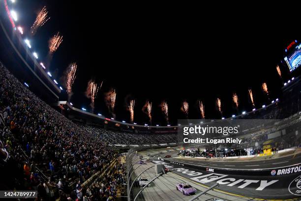 General view of fireworks after the NASCAR Cup Series Bass Pro Shops Night Race at Bristol Motor Speedway on September 17, 2022 in Bristol, Tennessee.