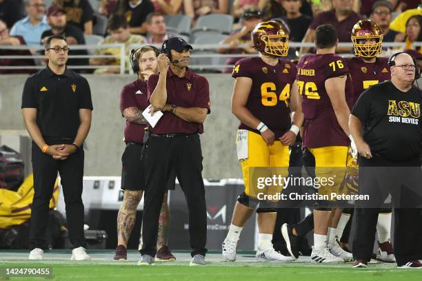 Head coach Herm Edwards of the Arizona State Sun Devils watches from the sidelines during the first half of the NCAAF game against the Eastern...