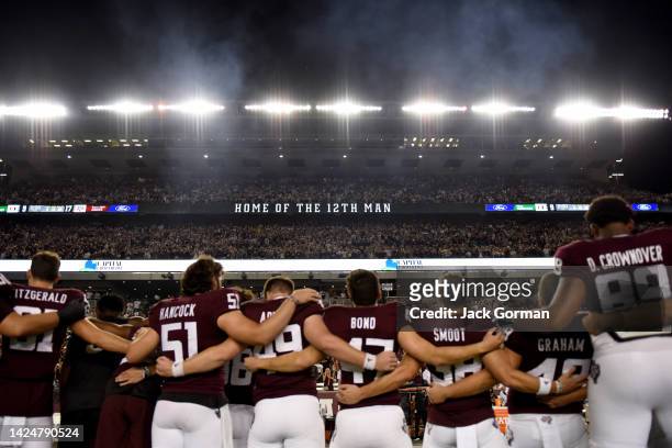 The Texas A&M Aggies celebrate on the field after defeating the Miami Hurricanes with a score of 9 to 17 after their game at Kyle Field on September...