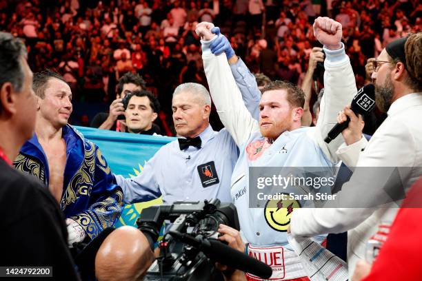 Canelo Alvarez poses after defeating Gennadiy Golovkin to retain his Super Middleweight Title at T-Mobile Arena on September 17, 2022 in Las Vegas,...