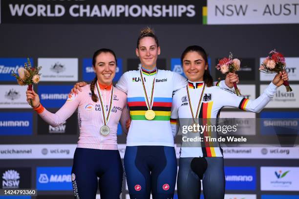 Silver medalist Shirin Van Anrooij of The Netherlands, gold medalist Vittoria Guazzini of Italy and bronze medalist Ricarda Bauernfeind of Germany...