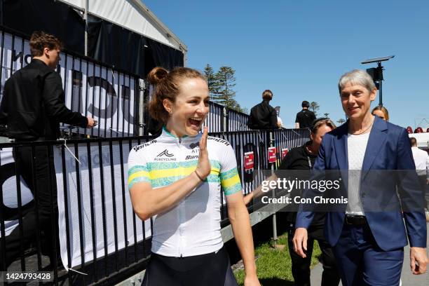 Silver medalist Grace Brown of Australia celebrates on the podium during the medal ceremony after the 95th UCI Road World Championships 2022 - Women...