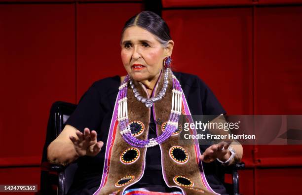 Sacheen Littlefeather on stage at AMPAS Presents An Evening with Sacheen Littlefeather at Academy Museum of Motion Pictures on September 17, 2022 in...