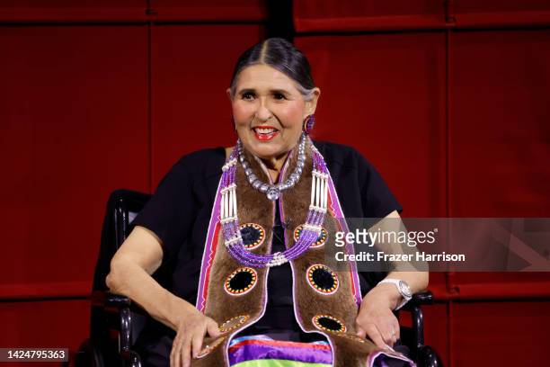 Sacheen Littlefeather on stage at AMPAS Presents An Evening with Sacheen Littlefeather at Academy Museum of Motion Pictures on September 17, 2022 in...