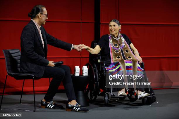 Bird Runningwater, co-chair of the Academy’s Indigenous Alliance on stage with Sacheen Littlefeather at AMPAS Presents An Evening with Sacheen...