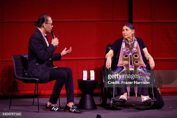 Bird Runningwater, co-chair of the Academy’s Indigenous Alliance on stage with Sacheen Littlefeather at AMPAS Presents An Evening with Sacheen...