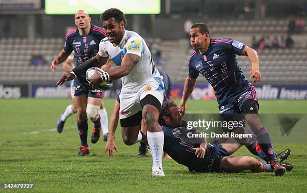 Sireli Naqelevuki of Exeter dives over for a try during the Amlin Challenge Cup quarter final match between Stade Francais and Exeter Chiefs at Stade...