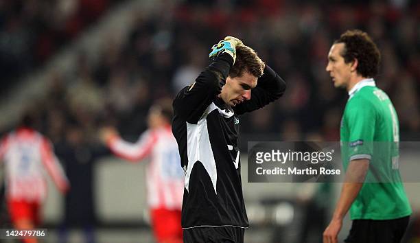 Ron Robert Zieler, goalkeeper of Hannover reacts during the UEFA Europa League quarter-final second leg match between Hannover 96 and Atletico de...