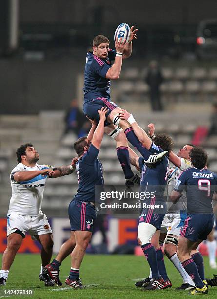 Pascal Pape of Stade Francais wins the lineout ball during the Amlin Challenge Cup quarter final match between Stade Francais and Exeter Chiefs at...