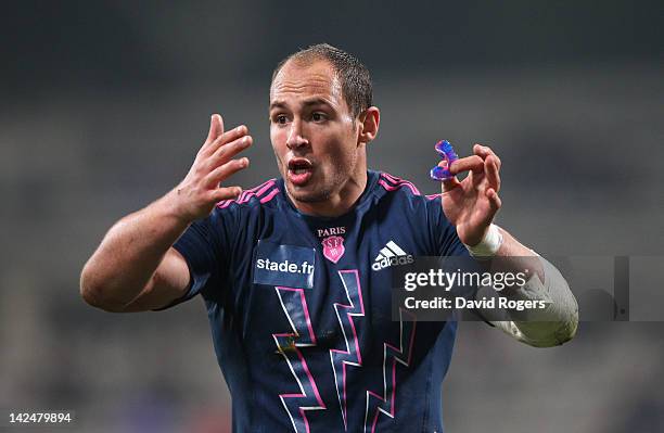 Sergio Parisse, the Stade Francais captain issues instructions during the Amlin Challenge Cup quarter final match between Stade Francais and Exeter...