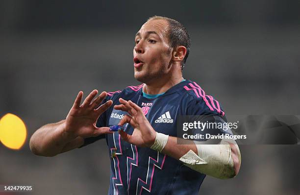 Sergio Parisse, the Stade Francais captain issues instructions during the Amlin Challenge Cup quarter final match between Stade Francais and Exeter...